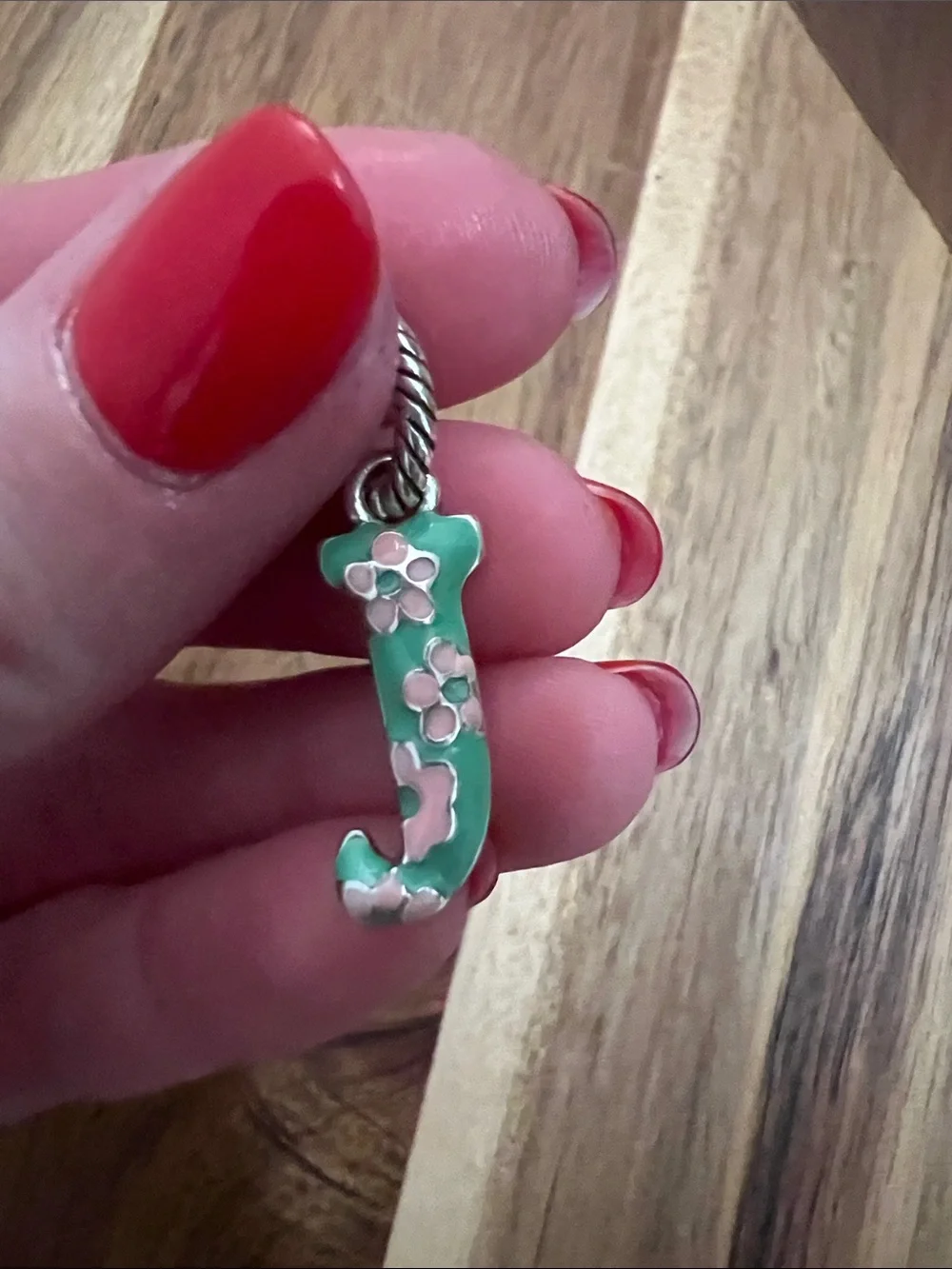 Brighton Kids Enamel 'J' Pendant in Green and Pink Floral